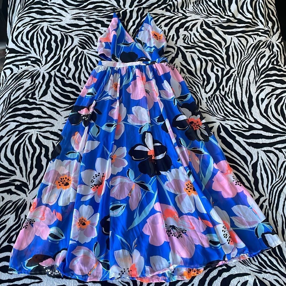 Express floral blue Summer tropical maxi dress waist cutout v neck open back